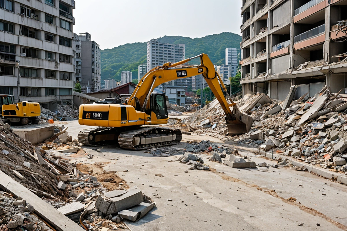서울 봉천동 지역의 주택 철거 현장에서 전문 철거 업체가 현장 점검을 진행하는 모습. 현장의 구조를 분석하는 철거 장비와 철거 계획서가 보이는 자연스러운 장면. 주변 건물과의 거리