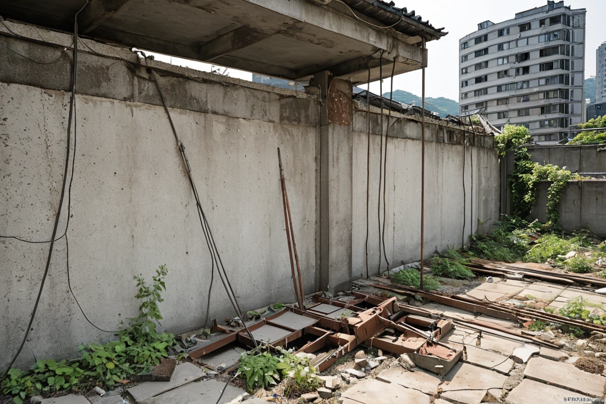 서울 봉천동 지역의 주택 철거 현장에서 철거 전 현장 점검을 진행하는 장면. 철거 업체가 사용하는 현장 점검 도구와 함께 철거 예정 주택의 외관과 구조물 상태를 확인하는 모습을 사