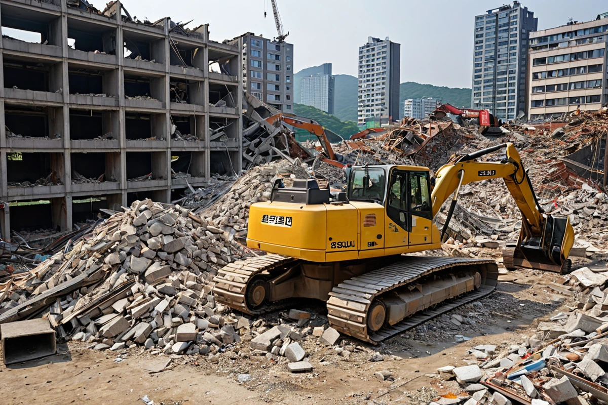 서울 봉천동 지역의 주택 철거 현장, 정확한 비용 산정을 위한 철거 장비와 구조물이 정리된 공간. 철거 업체의 전문적인 작업 과정을 보여주는 사실적 장면.
