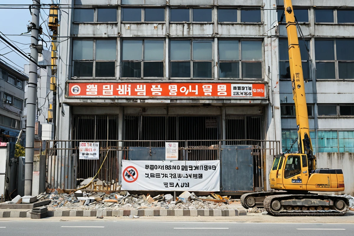 서울 봉천동 지역의 철거 업체 사무실 외관, 지역 특성에 맞춘 철거 장비와 안전 표시가 배치된 철거 현장 포스터, 철거 작업의 전문성을 강조하는 간결한 간판