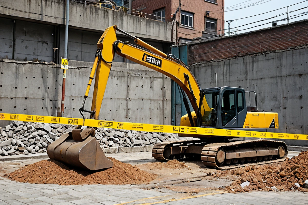 서울 봉천동 지역의 철거 전문 업체 상호가 적힌 간단한 표지판과 함께 철거 장비가 정리된 현장. 철거 장비가 청결하게 정리되어 있고, 주변에는 철거 작업을 위한 안전 경계선이 펼쳐