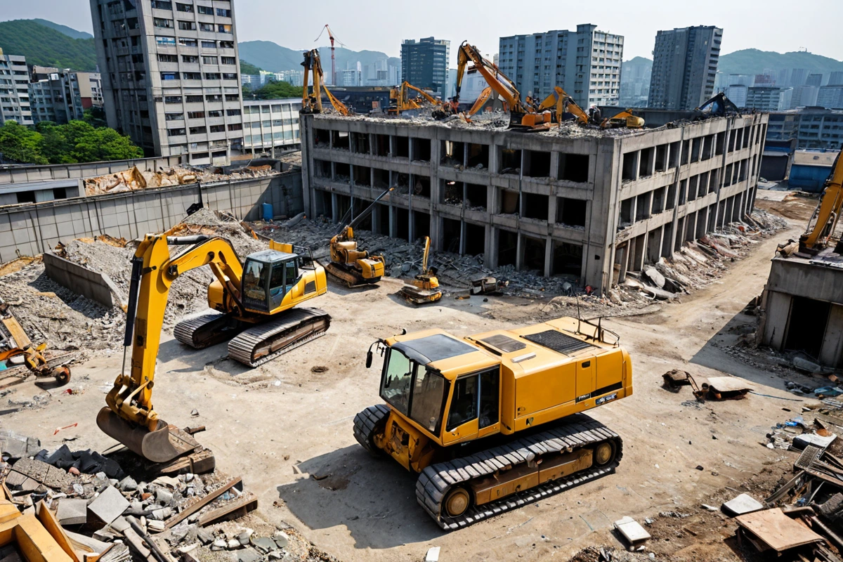 서울 봉천동 지역 철거 업체의 전문 장비와 안전 표지가 배치된 작업 현장, 철거 예정 건물의 외관과 철거 장비가 정확히 정리된 자연스러운 촬영 각도