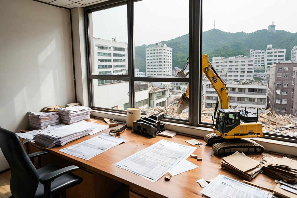 서울 봉천동 철거 업체의 정부 허가 서류와 인증 표시가 눈에 띄는 사무실 내부. 철거 관련 문서와 허가증이 정리된 책상 위에 놓여 있고, 철거 장비가 배치된 창가에서 봉천동의 주거