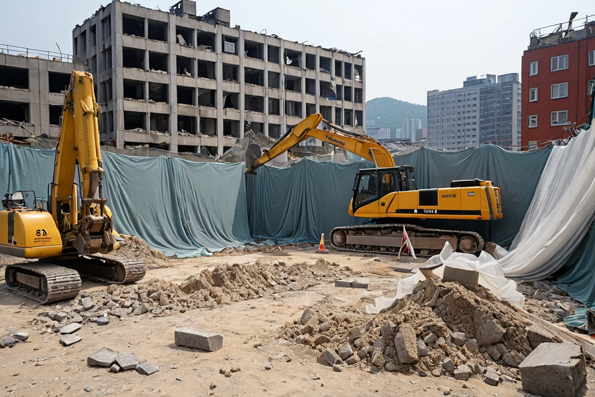 서울 봉천동 철거 작업 전 주변 시설 보호를 위한 철저한 점검이 이루어진 현장, 철거 장비 주변에 보호용 방벽과 먼지 차단 망이 설치된 모습, 소음 차단 장비가 준비된 상태