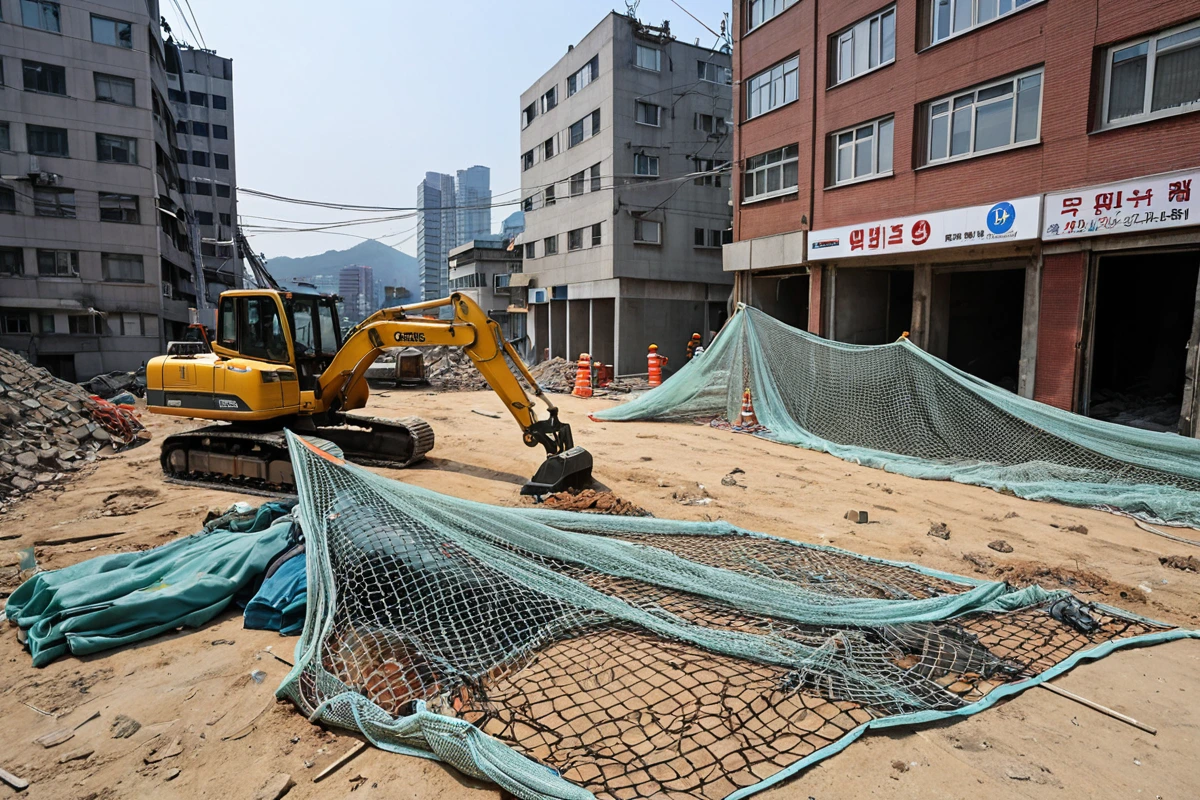 서울 봉천동 철거 현장에서 안전망이 철저히 설치된 모습. 작업자 보호 장비가 놓인 철거 장비와 구조물의 안정성을 확인하는 측정 도구가 배경에 정리되어 있다.