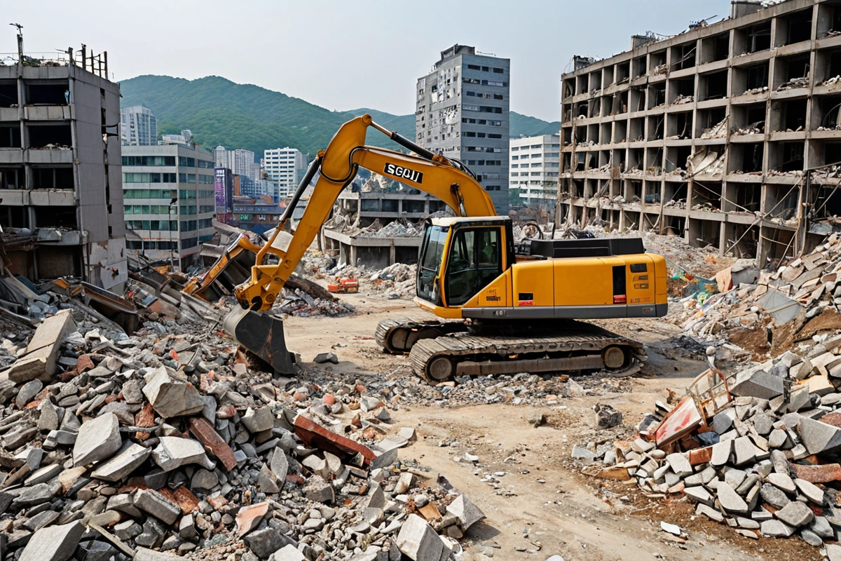 서울 봉천동 철거 현장에서 전문가가 현장 점검을 위한 도면과 계획서를 확인하는 모습. 철거 장비와 건물 잔해가 배경으로 보이는 사실적인 현장 분위기.