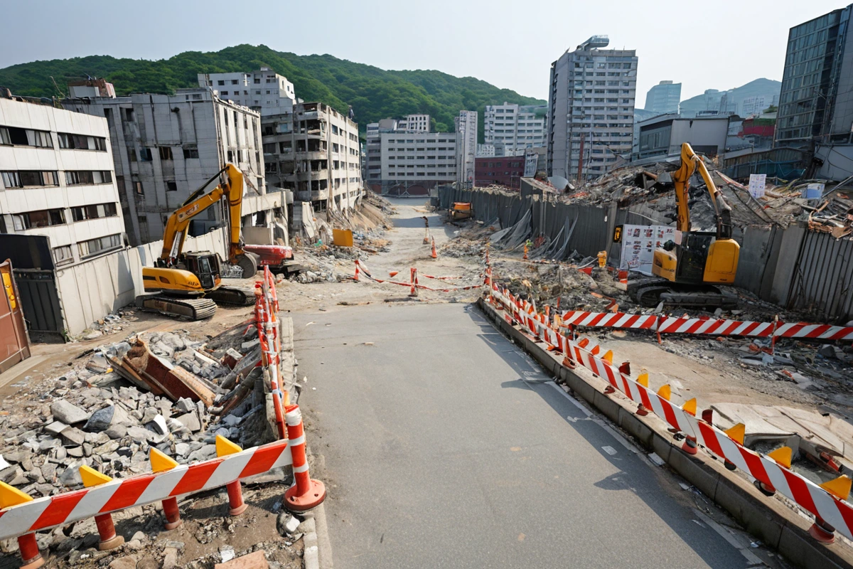 서울 봉천동 철거 현장 주변의 도로와 주변 건물이 안전하게 보호된 상태로, 철거 작업 중인 장소 주변에 안전 울타리와 경고 표지가 잘 배치된 모습. 철거 장비가 안전한 거리에서 작