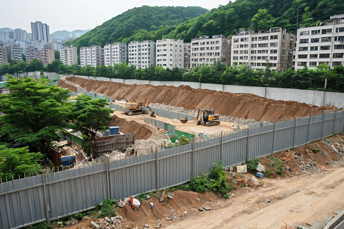 서울 봉천동 철거 현장 주변의 주거지역에서, 철거 작업 중 먼지 차단을 위한 철판으로 둘러싸인 공간과 소음 차단을 위한 방음막이 설치된 모습. 주변 건물과 자연스러운 환경이 조화를