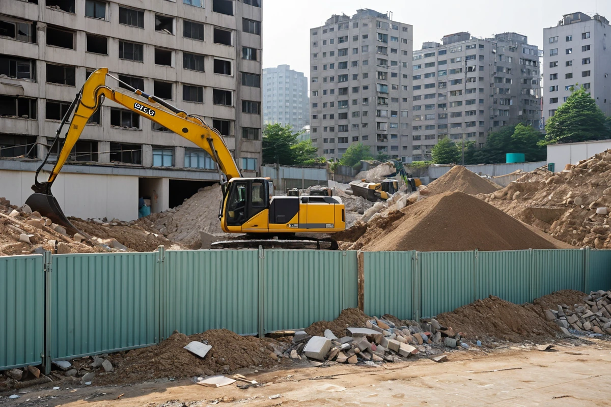 서울 사직동 주거지의 칸막이 철거 작업 중 오전 시간대. 철거 구역 주변에 소음 방지 차단막이 설치되어 있으며, 먼지 제거 장비가 철거 현장 주변에 배치되어 있다.