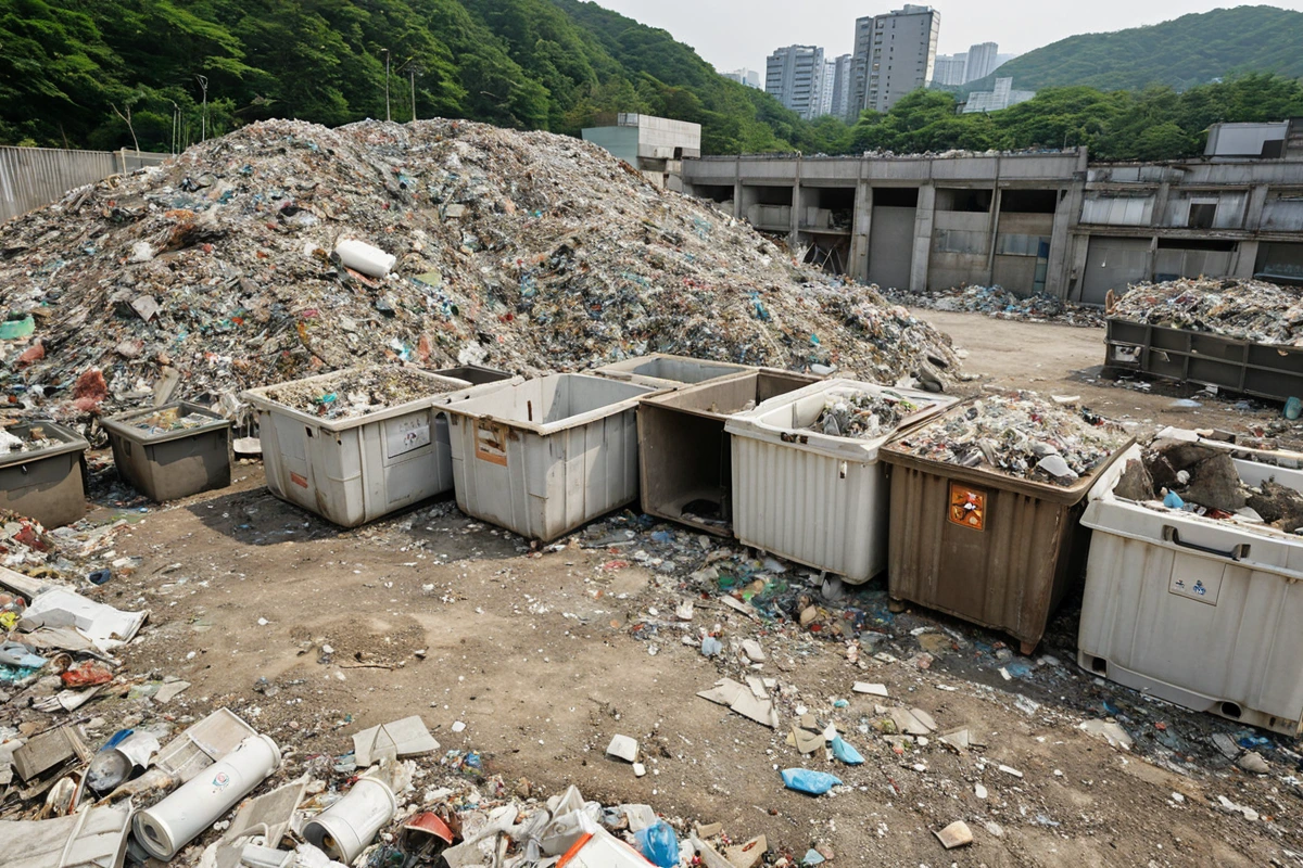 서울 사직동 폐업 건물의 폐기물 처리 구역, 석면이 포함된 폐기물이 정확히 분류되어 보관된 모습. 철거 현장의 철저한 사전 점검을 위한 표시판이 보이지 않는 깔끔한 배경입니다.