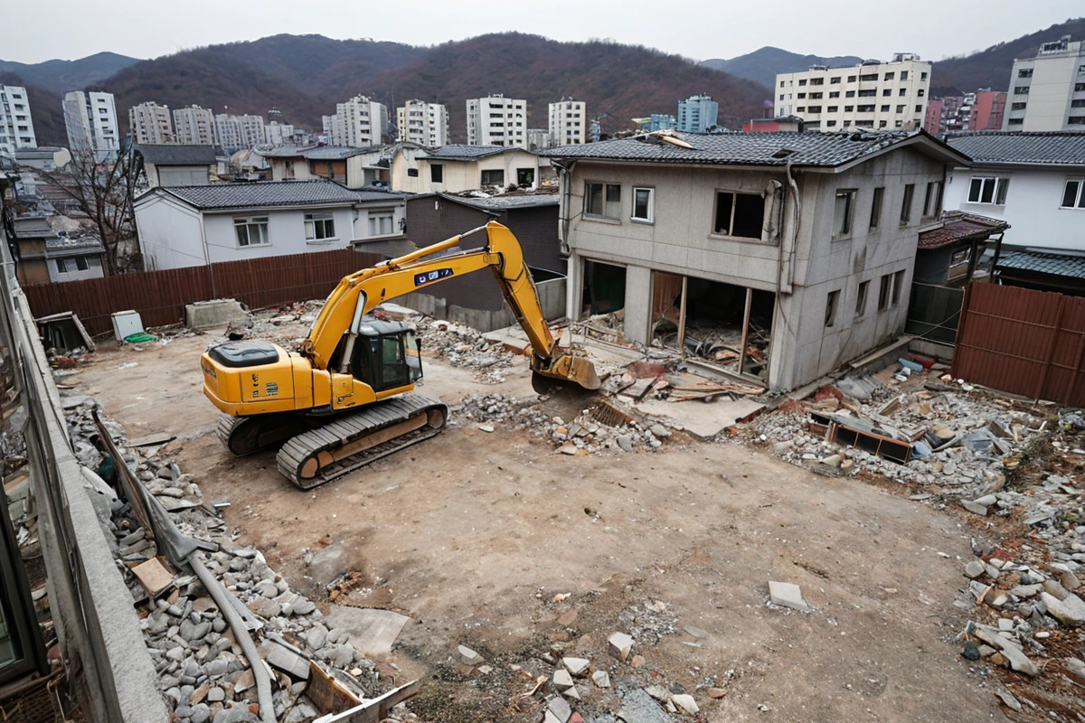 서울 사천동의 소형 주택 철거 현장, 철거 중인 10평 규모의 단독 주택 외관과 주변의 주거지역 경계선, 철거 장비가 정리된 채로 놓여 있는 모습