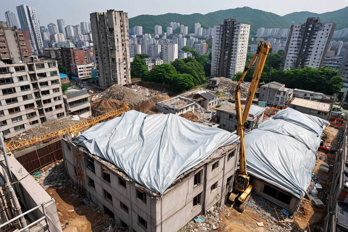 서울 사천동 주거 지역에서 철거 작업 중인 현장, 주변 주민의 안전을 고려한 소음 차단 천막과 먼지 방지용 비닐이 설치된 모습. 주변 건물과의 거리가 적절하게 보이는 주거 지역의