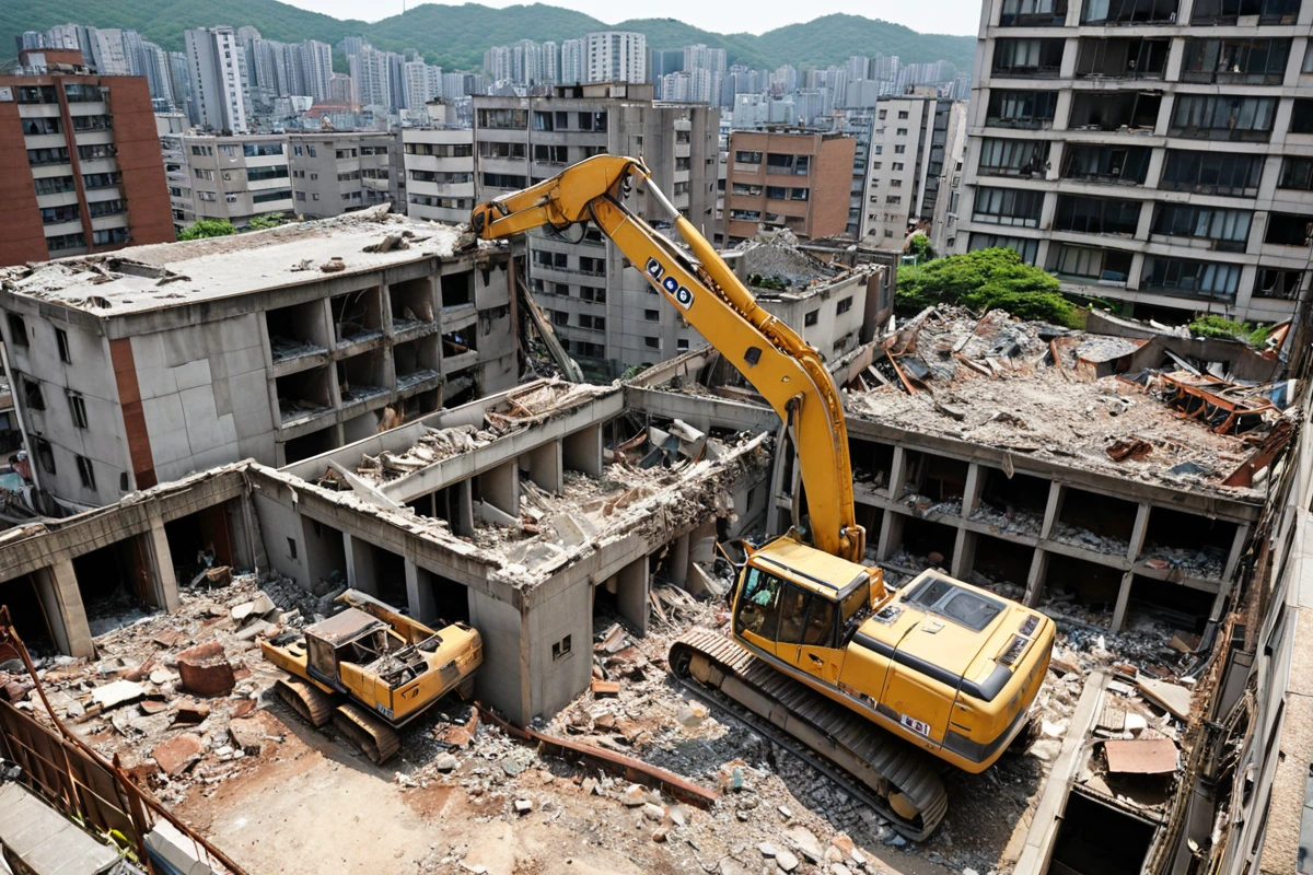 서울 사천동 주택 철거 현장에서 전문 업체가 철거 전 현장 점검을 진행하는 장면. 철거 장비와 철거 대상 주택의 구조물이 정확히 보이는 실물 사진 스타일.