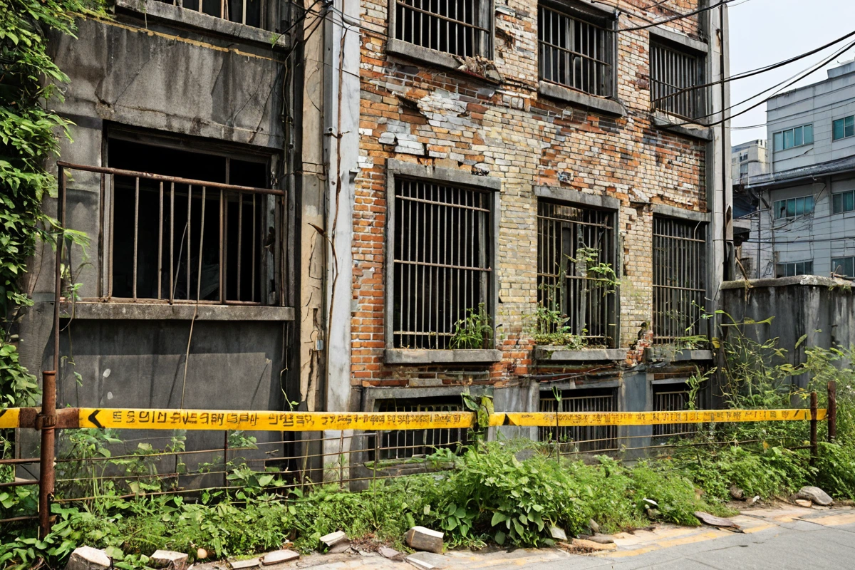 서울 삼선동의 20년 이상 된 주택 외벽과 철거 작업을 위한 안전 울타리가 설치된 모습. 건물의 노후한 구조와 철거 준비 단계를 자연스럽게 보여주는 장면.