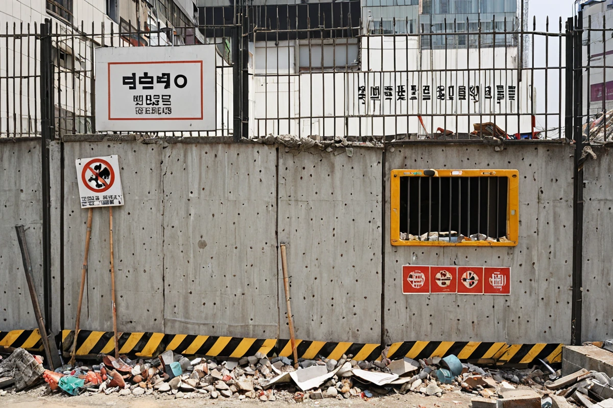서울 상봉동 상업용 건물 철거 현장, 건축물의 용도 변경 표시가 있는 외벽과 환경 규제 관련 안내문이 붙은 철거 울타리, 깔끔하게 정리된 철거 현장 배경