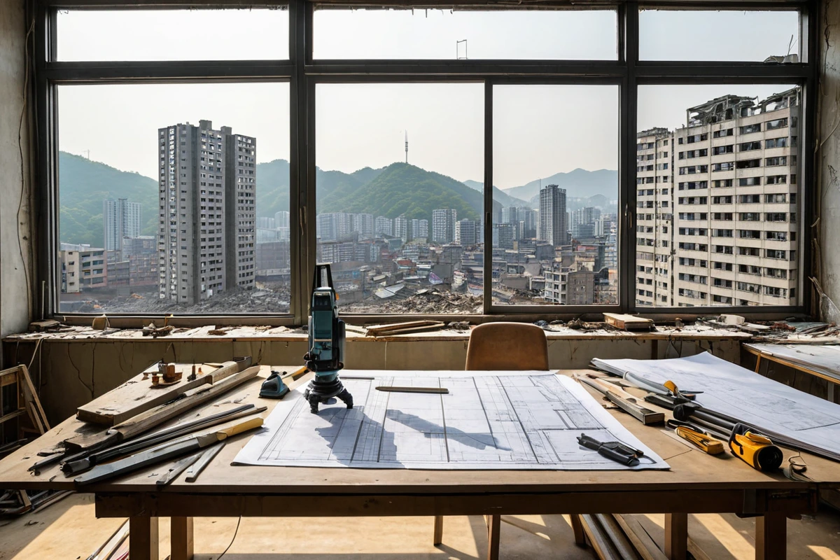 서울 상봉동 주거지 밀집 지역에서 철거 계획 수립을 위한 구조 검토 장면, 철거 전 구조물의 정밀 분석을 위한 도구와 문서가 테이블 위에 정리되어 있는 현실적인 장면