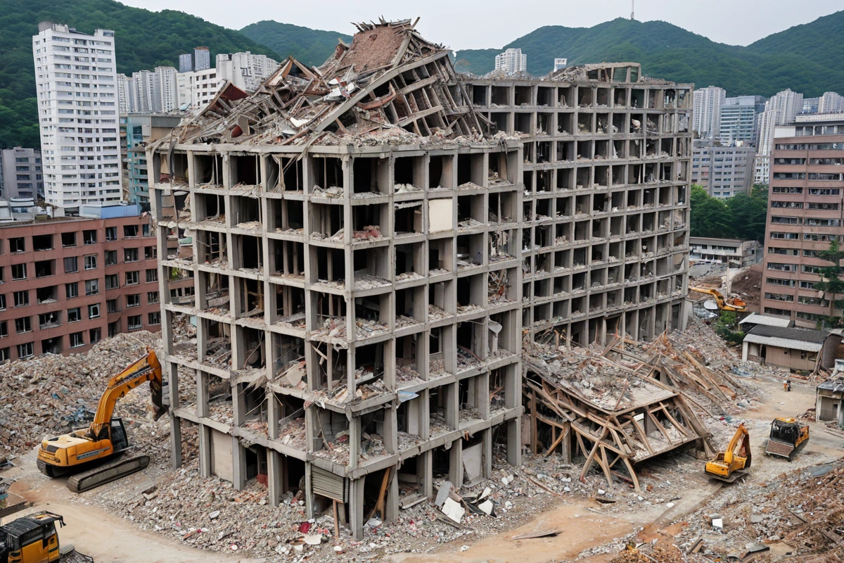서울 상봉동 주택 지역의 철거 현장, 대형 건물의 복잡한 구조와 철거 장비가 조화롭게 배치된 모습, 건물의 구조적 특징이 명확히 드러나는 현실적인 장면