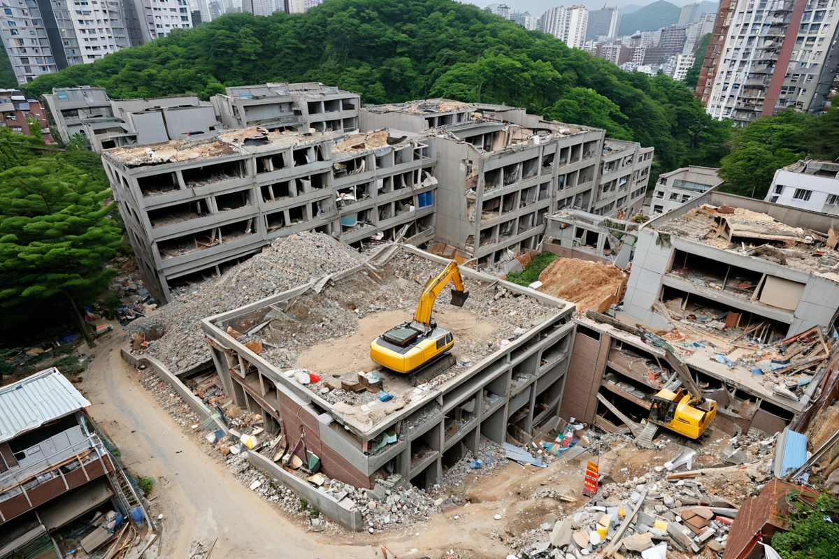 서울 상봉동 주택 철거 현장에서 구조물의 특성과 주변 환경을 고려한 비용 산정을 위한 사례 분석을 위한 도면과 철거된 재료가 정리된 장면. 구조물의 구멍과 주변 도로가 보이는 자연