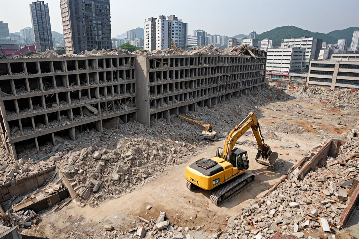 서울 상암동 상업지역의 대형 건물 철거 현장, 철거 중인 건물 외벽과 철거 장비가 정리된 채로 남아 있는 흙먼지가 가득한 공터, 건물 규모에 비해 철거 장비가 작게 보이는 자연스러