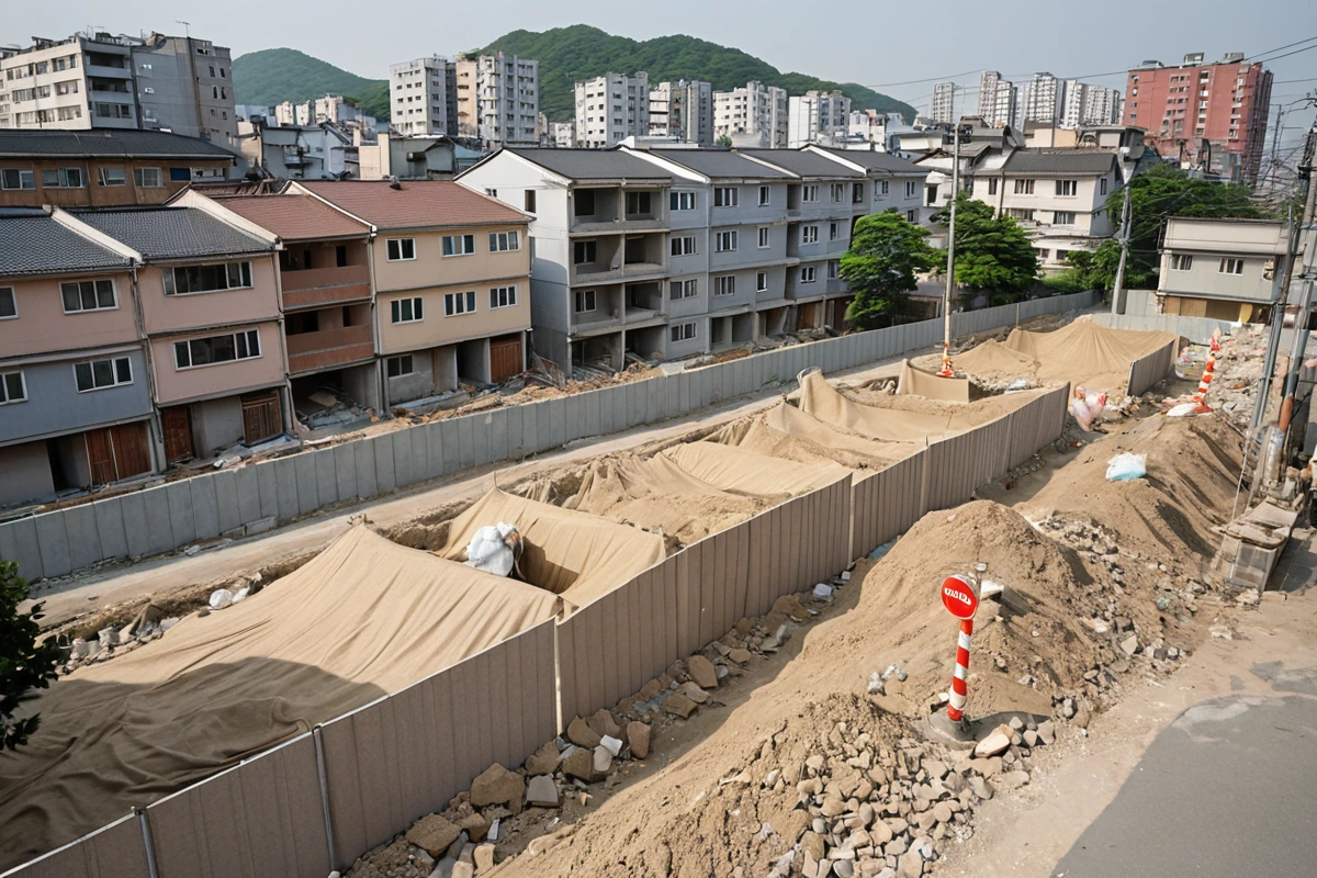 서울 상암동 주거 지역에서 철거 작업 중인 현장, 주변 주택과의 거리가 유지된 상태로 소음 차단 장치가 설치된 모습. 먼지 차단 포대가 주변에 배치된 상암동 철거 현장의 평온한 분