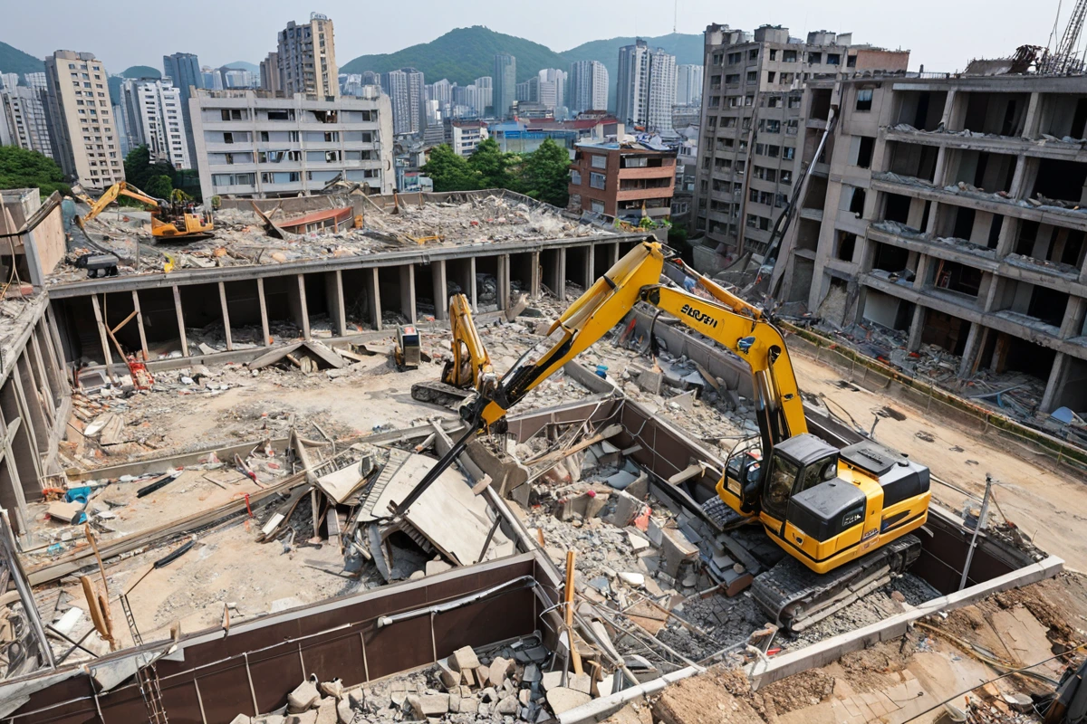 서울 상암 지역의 철거 전 건물 구조 분석을 위한 전문가용 장비가 설치된 현장, 건물의 구조가 드러나는 부분에서 구조 분석을 진행하는 모습. 철거 중인 건물의 외관이 배경으로 보임