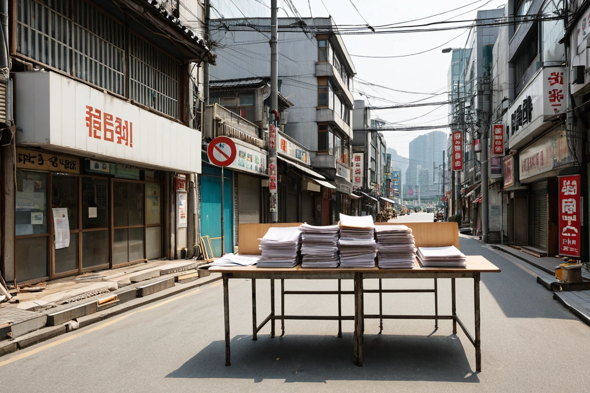 서울 상업지역의 빵집 철거 전 주변 상가와의 협의를 위한 공문서와 계획도가 놓인 테이블. 주변 상가의 간판과 철거 작업 준비 중인 현장 배경.