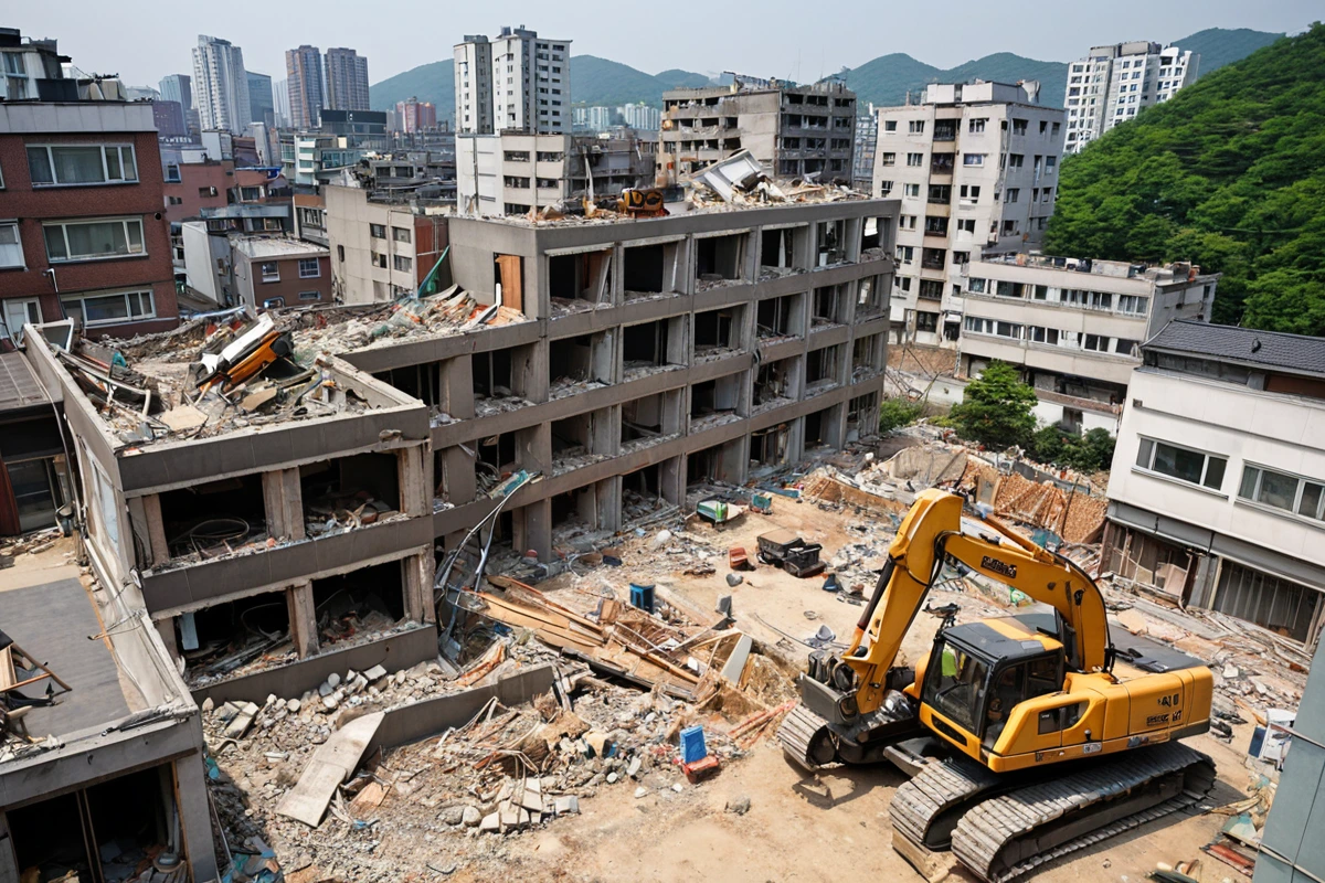 서울 상일동 주거지역의 노후 건물 철거 현장. 철거 준비를 위해 철거 장비가 정리된 공간과 정확한 현장 점검을 위한 측정 도구가 놓인 모습. 주변 건물의 외관과 철거 예정 건물의 