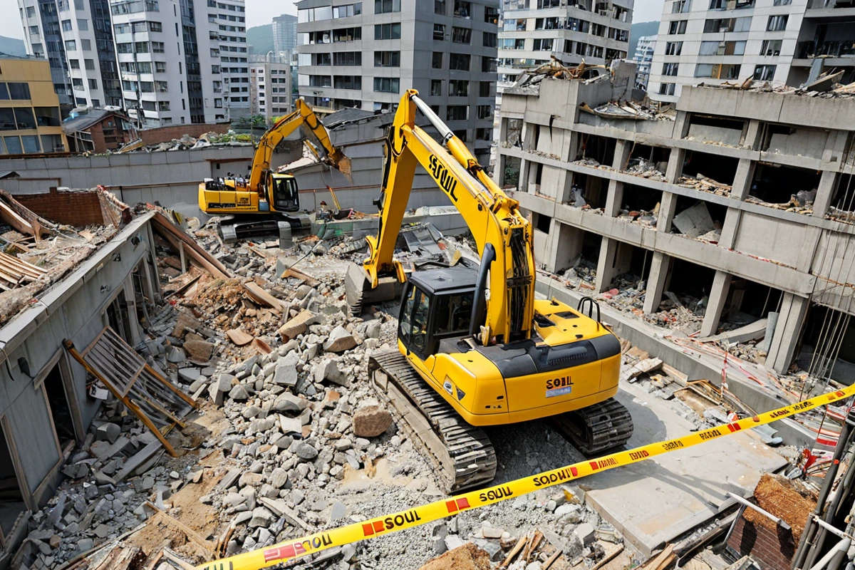 서울 상일동 주택 철거 현장에서 부분 철거 작업 중인 철거 장비가 철거 대상 범위를 정확히 표시한 철거 현장의 모습. 철거 대상 구조물의 구체적인 면적과 구조를 보여주는 상세한 철