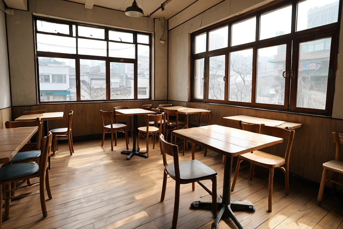 서울 서교동 카페의 작은 공간 내부, 단순한 구조의 벽과 바닥, 철거 작업 중인 빈 의자와 테이블, 자연광이 들어오는 창문
