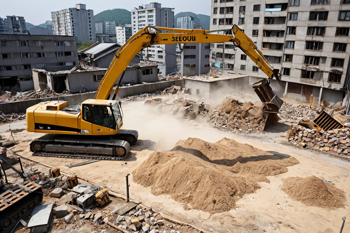 서울 서대문구 봉천동 주택 철거 현장에서 철거 전 인허가 서류가 놓인 테이블과 철거 장비가 준비된 모습. 소음과 먼지 관리를 위한 방진 천과 먼지 제거 장비가 정리된 배경.