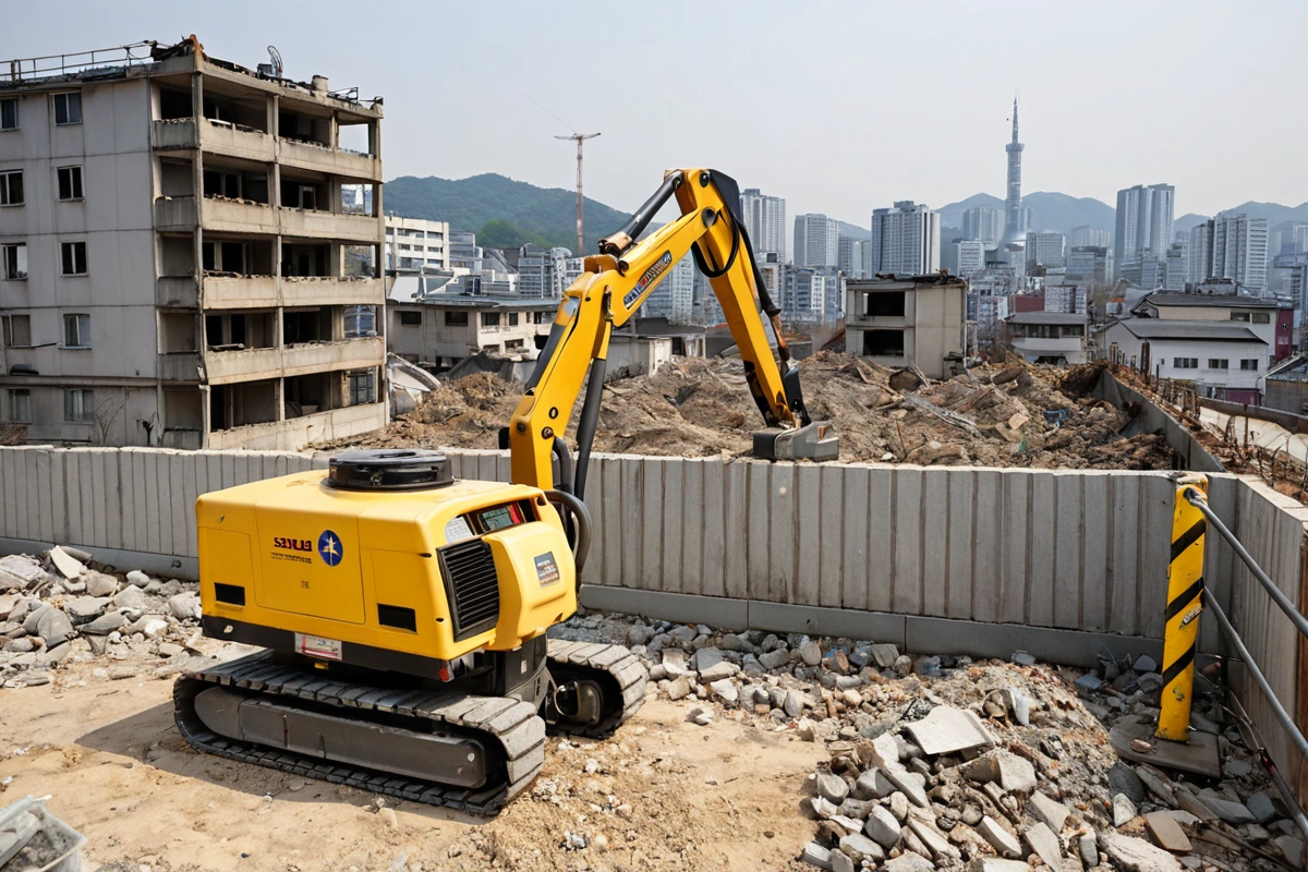 서울 서대문구 홍제동 주택 철거 현장에서 유해 물질 처리를 위한 특수 장비가 배치된 모습, 철거된 벽면에서 방사능 측정기로 검사하는 장면, 주변에 먼지 차단 펜스가 설치된 도시 풍