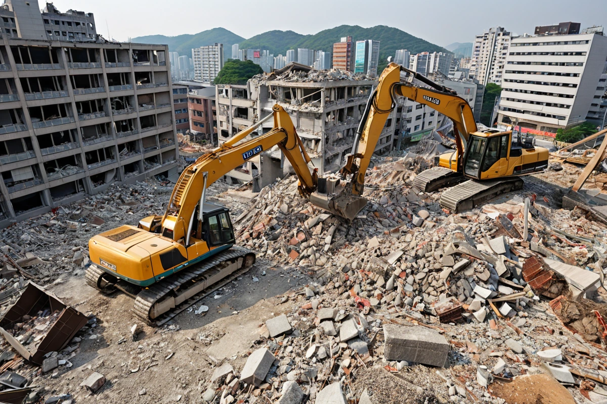 서울 서대문 지역의 200㎡ 규모 건물 철거 현장. 복잡한 구조의 건물이 철거 중인 모습으로, 철거 장비가 정확하게 위치해 있는 모습. 건물의 잔해가 철저히 정리된 철거 후 모습이