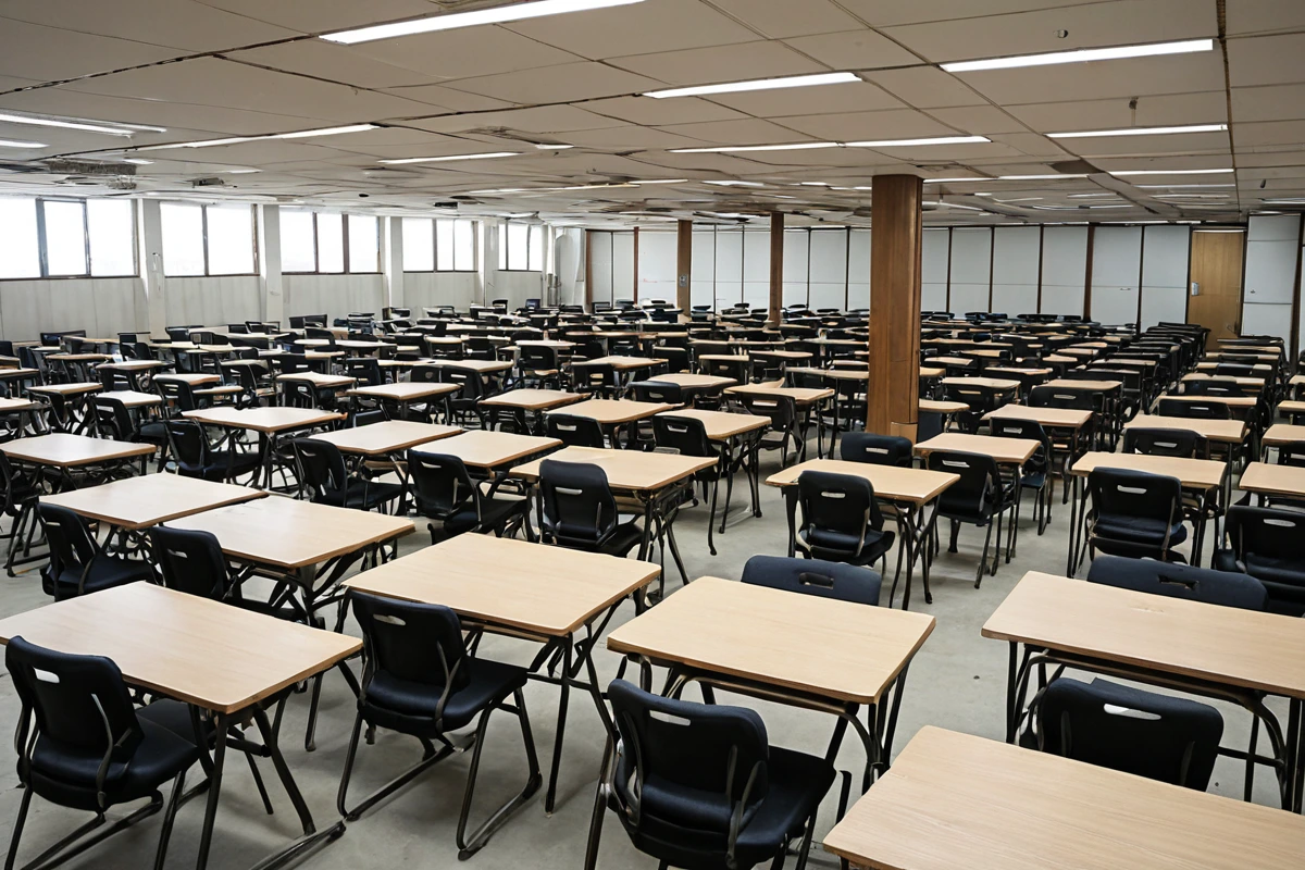 서울 서빙고동 지역의 피시방 철거 현장, 150평 규모의 공간에 컴퓨터 100대, 의자 100개, 테이블 50개가 정리된 상태로 철거 준비 중인 모습. 철거 전 점검을 위한 장비