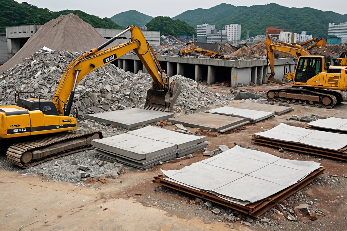 서울 서초구 내곡동 상가 철거 현장의 폐기물 처리 장소에서, 철거된 건물 재료가 정리된 모습. 크고 무거운 철거 장비가 주변에 놓여 있으며, 폐기물 처리 비용을 확인하기 위한 문서
