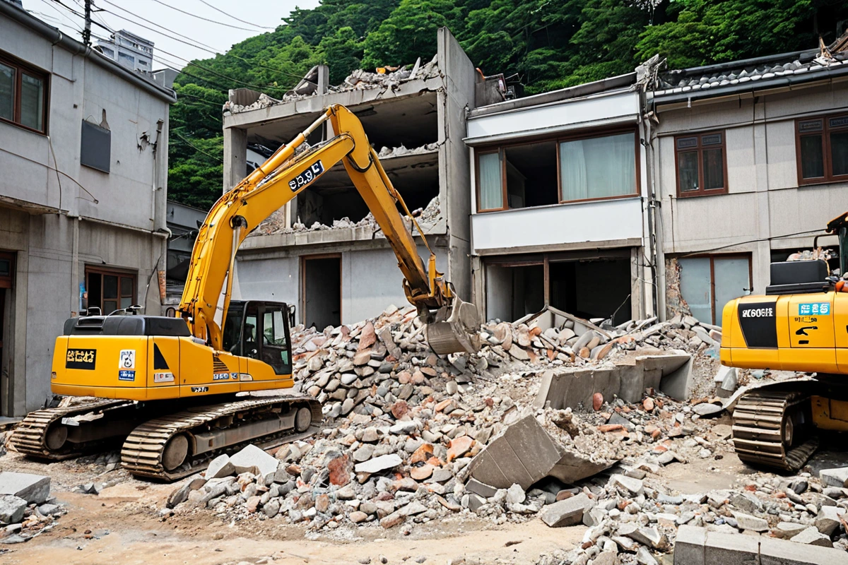 서울 서초구 내곡동의 단독 주택 철거 현장, 철거 중인 건물 외벽과 철거 장비가 정리된 공간, 구조물의 상태에 따라 철거 비용이 차이 나는 실제 사례를 보여주는 자연스러운 장면