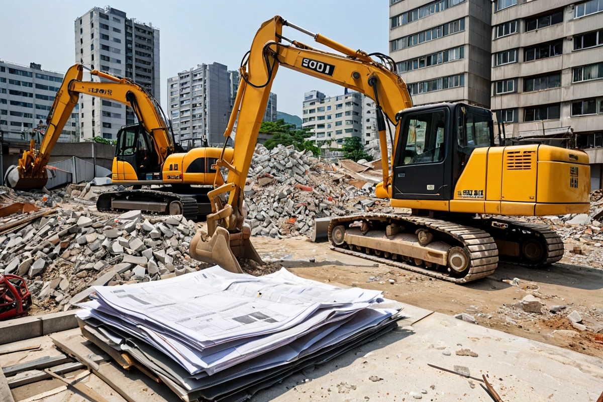 서울 서초구 내곡동 주거지역의 철거 업체 작업 현장, 법적 규제 준수를 확인하는 문서와 함께 철거 장비가 준비된 공간, 신뢰도 있는 업체 선택을 나타내는 사실적인 장면