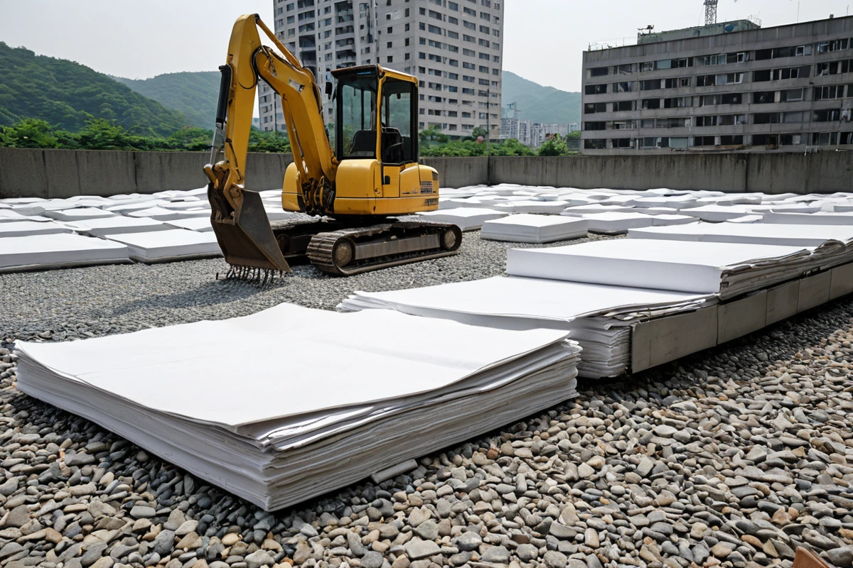 서울 서초구 반포동 고밀도 주거지역의 철거 전 현장, 철거 전 3단계 점검을 위한 장비와 문서가 준비된 작업 공간. 소음과 진동을 최소화하기 위한 방음 장치가 설치된 철거 현장의