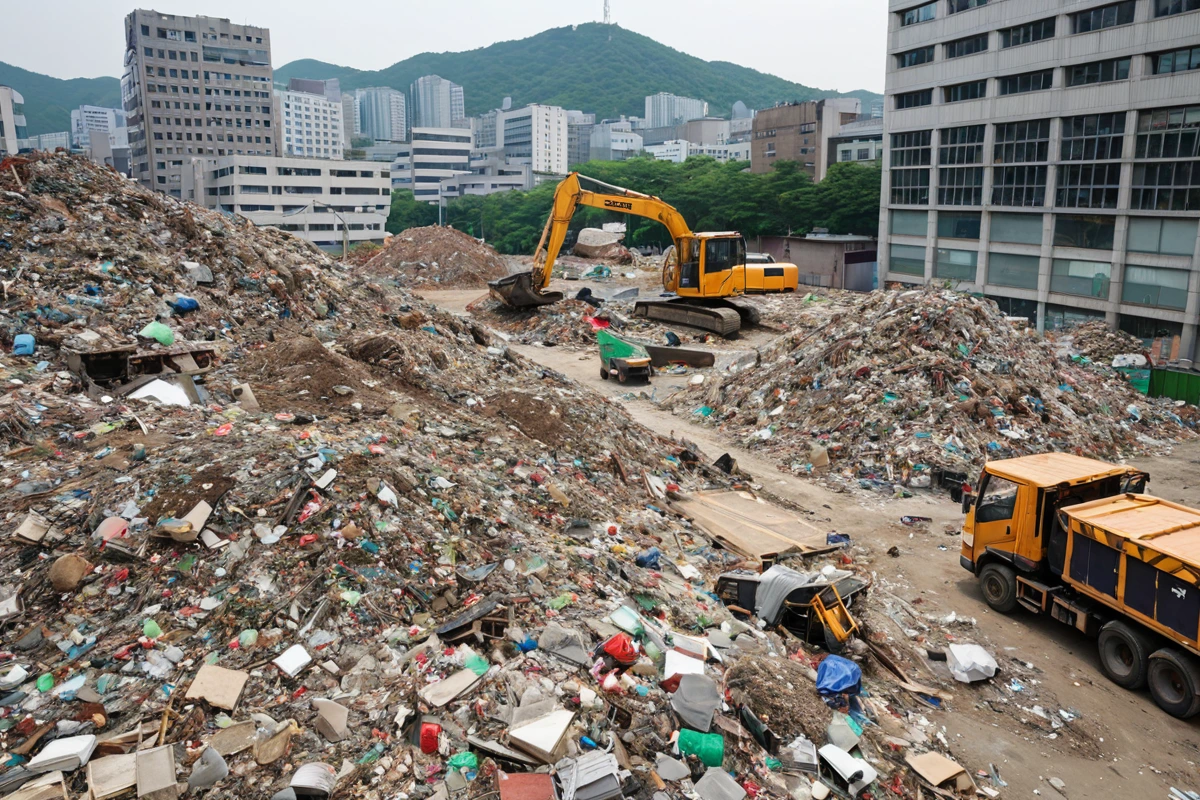 서울 서초구 방배동 사무실 철거 후 건축 폐기물과 일반 쓰레기 분리된 쓰레기 더미. 건축 폐기물과 일반 쓰레기 각각 분리된 쓰레기 더미가 정리된 청소 현장.