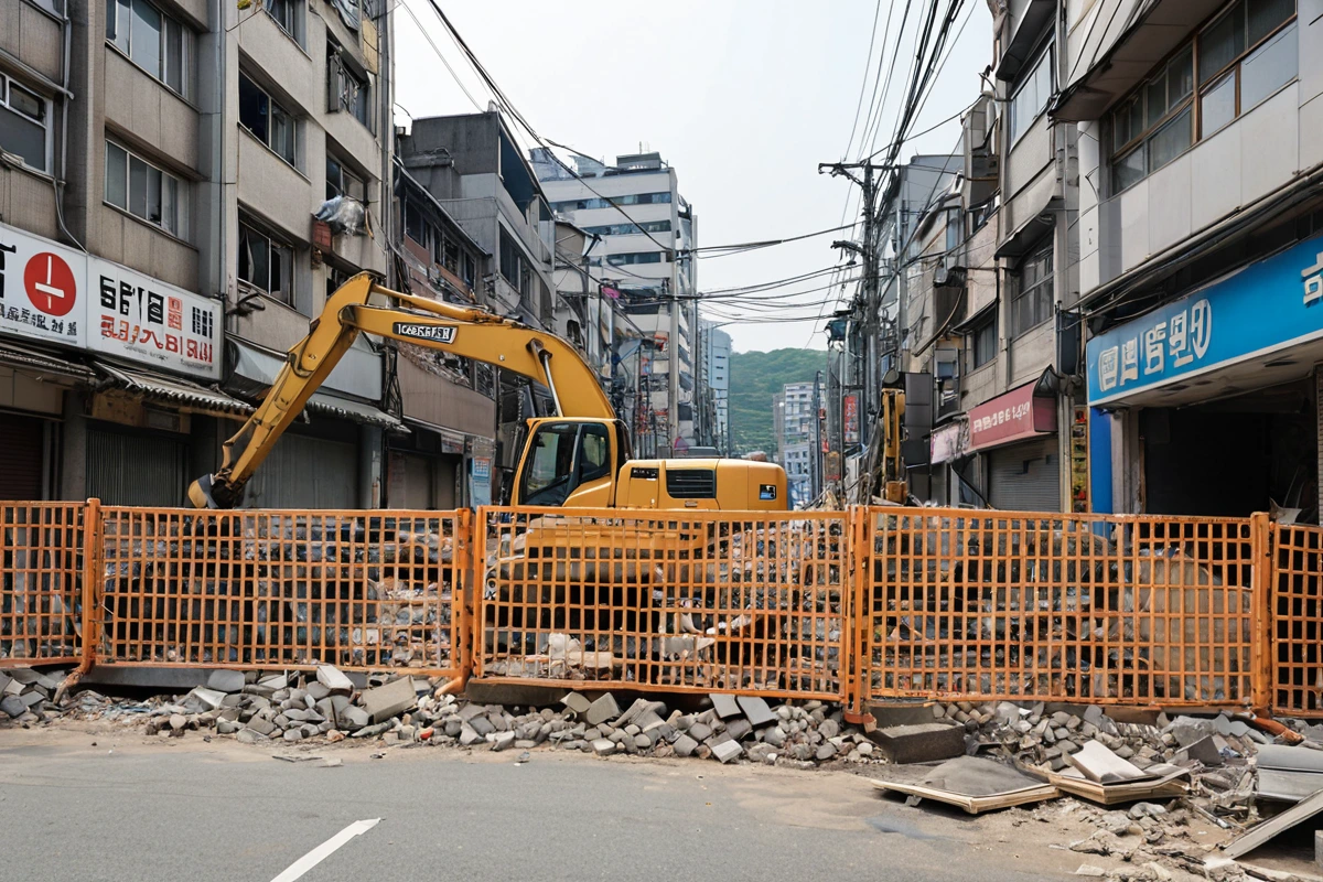 서울 서초구 방배동 상가 철거 시 주변 시설물 보호를 위한 철거 장비와 보호망이 설치된 현장, 인접 상가와 주택의 안전을 고려한 철거 과정이 자연스럽게 드러나는 사진