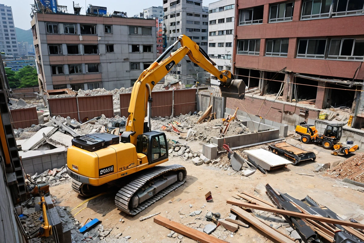 서울 서초구 방배동 철거 전문업체의 현장 점검 장면, 철거 전문가가 철거 예정 건물의 구조를 분석하기 위해 측정 도구를 사용하고 있는 모습, 철거 장비가 정리된 공사 현장 배경