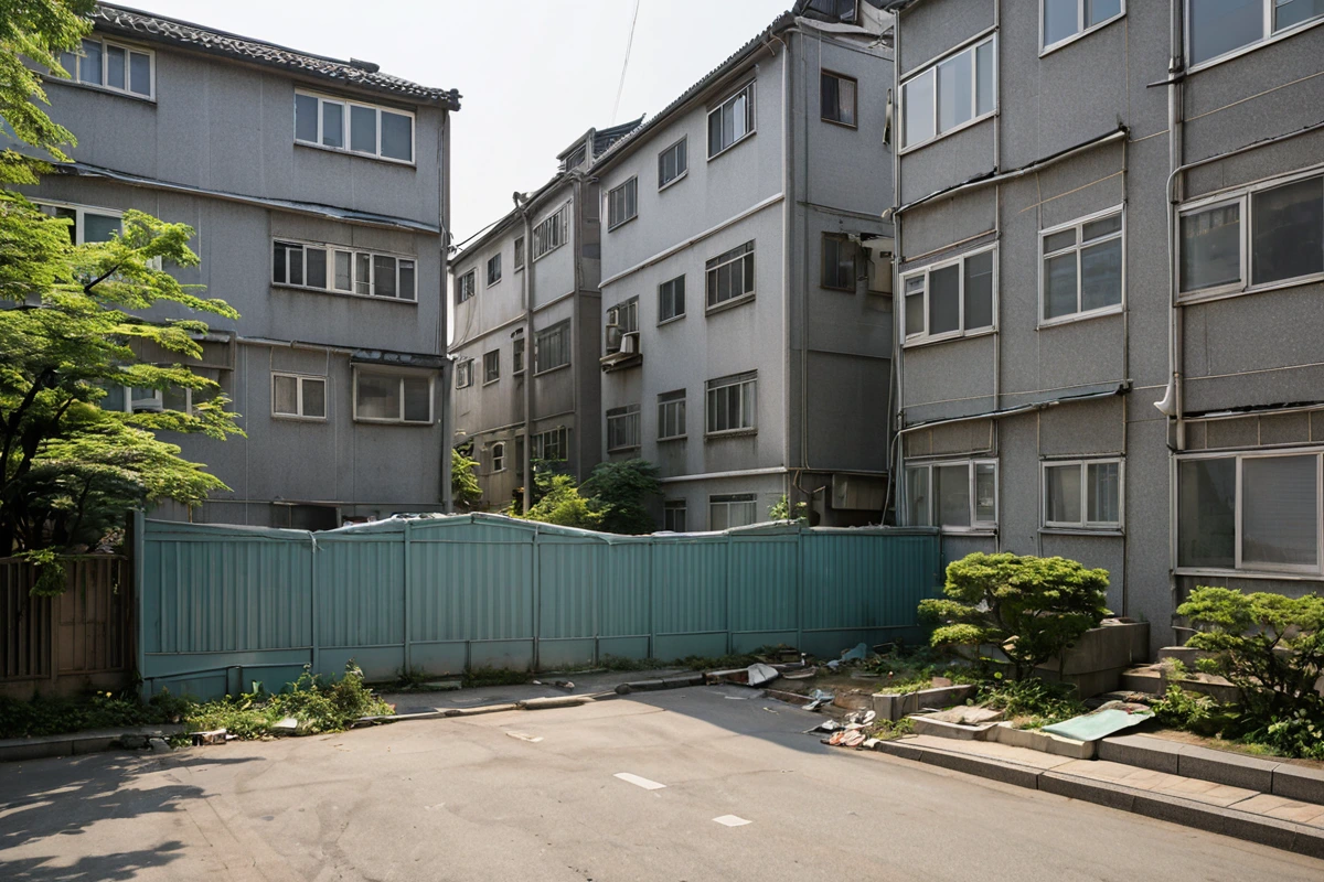 서울 서초구 양재동의 1990년대 아파트 단지와 인접한 단독 주택, 주변 아파트와의 거리가 가까운 곳에서 철거 작업 준비 중인 소음 차단 흡음 보호막이 설치된 모습, 아침 햇살이