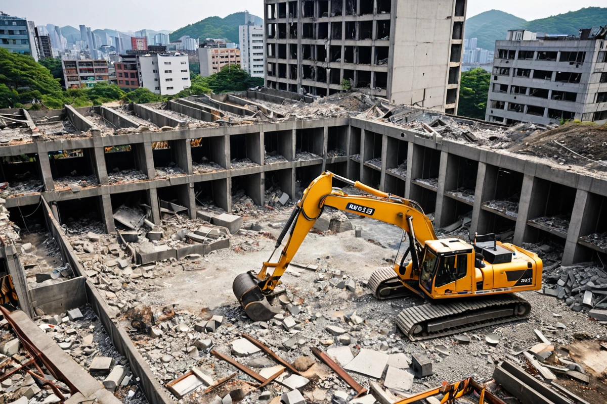 서울 서초구 양재동의 구조물 철거 현장에서 철골과 콘크리트 구조물이 대비되는 모습. 철거 작업 중인 장비가 철거 중인 구조물 주변에 정리되어 있는 모습을 보여줍니다.