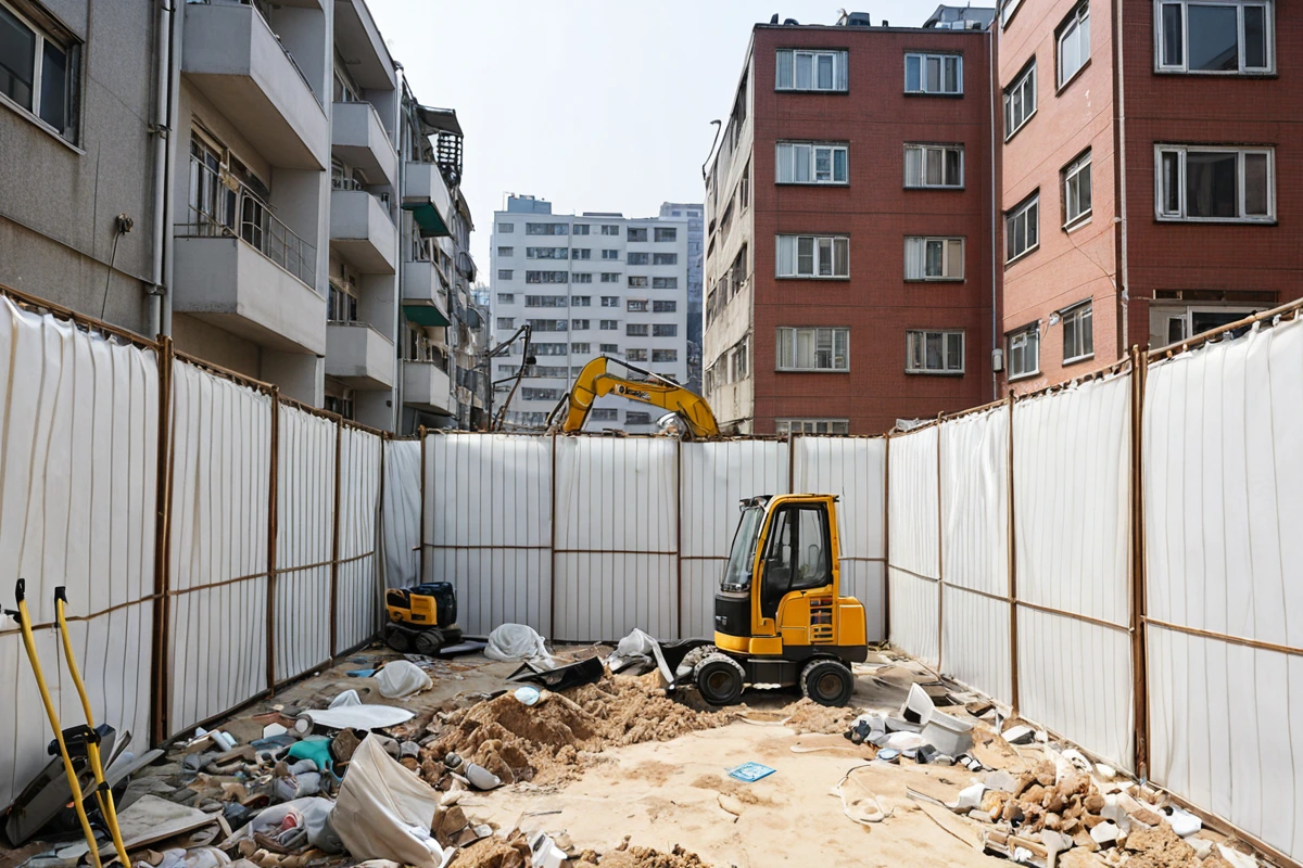 서울 서초구 양재동 주거 지역에서 가벽 철거를 진행 중인 전문 업체의 작업 현장. 먼지 차단용 비닐 천으로 덮인 가벽과 철거 장비가 정리된 모습. 주변 주택의 창문과 베란다가 보이