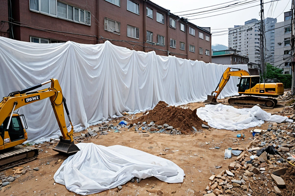 서울 서초구 양재동 주거지역의 가벽 철거 현장. 밀집된 주택 사이에서 철거 중인 가벽과 먼지 관리용 비닐 천으로 덮인 공간. 주변 건물의 창문이 보이며, 철거 작업 중인 장비가 정