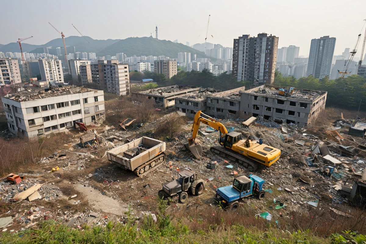서울 서초구 양재동 주거지역의 철거 현장, 오전 9시를 가리키는 시계가 달린 공공 표지판과 함께 철거 장비가 정리된 모습, 주변 아파트 단지가 보이는 조용한 아침 풍경