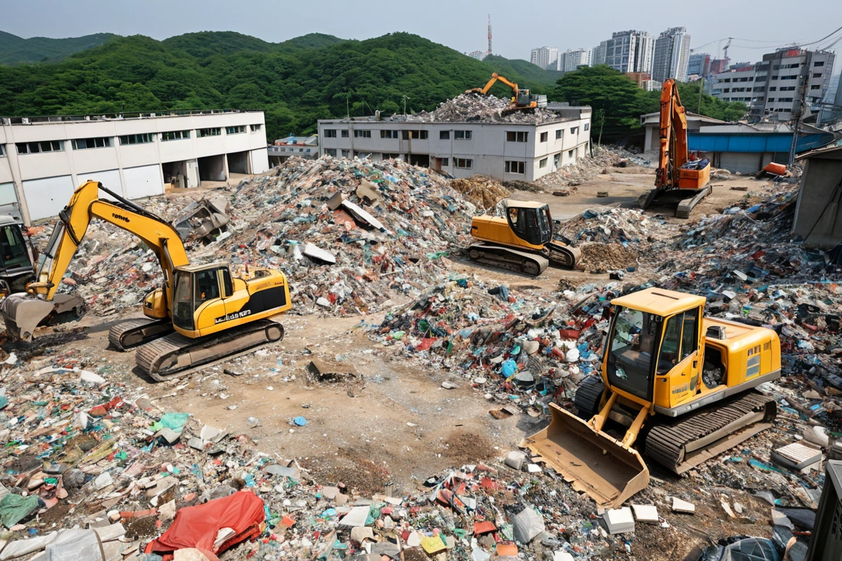 서울 서초구 양재동 주택 철거 현장, 환경 보호법에 따라 정확히 처리된 쓰레기 처리 장비와 함께 정리된 쓰레기 더미. 철거 과정에서 발생한 쓰레기들이 분리수거된 상태로 배치되어 있