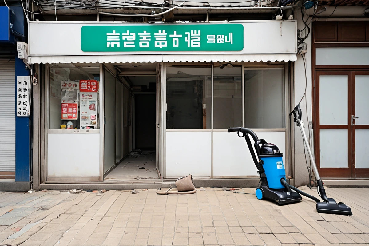서울 서초동의 작은 매장 철거 후 원상복구 청소 현장, 철거 잔해가 제거된 바닥 위에 청소용 청소기와 먼지 제거 도구가 정리되어 있는 모습