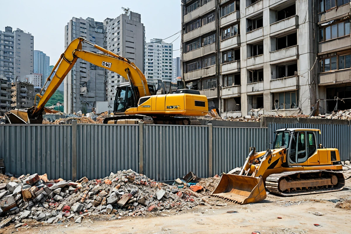 서울 성동구 금호동 주거 지역의 철거 중인 건물 외부, 건축법 표지판과 함께 소음 관리 안내문이 부착된 철거 울타리와 철거 장비가 정리된 현장. 주변 건물은 주거용 아파트로 보이며