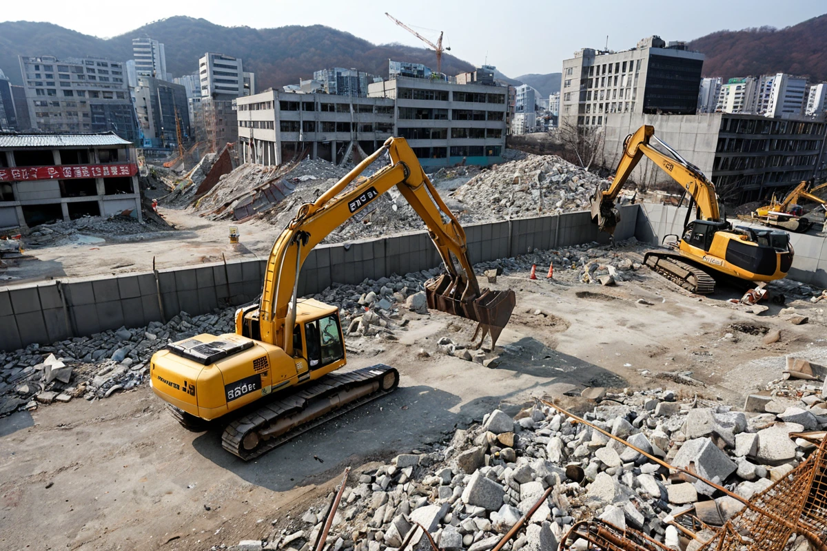 서울 성동구 봉천동의 노후 건물 철거 현장. 건물의 구조적 손상 부분이 드러나고, 주변에 철거 작업을 위한 장비와 안전 울타리가 배치된 모습.