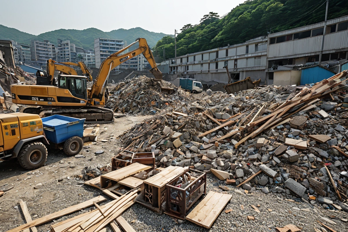 서울 성동구 봉천동의 주택 철거 현장에서 폐기물 처리 장비와 철거된 재료가 정리된 공간, 현장 정리 비용과 폐기물 처리 비용을 확인하기 위한 사실적인 장면. 철거된 재료가 철저히